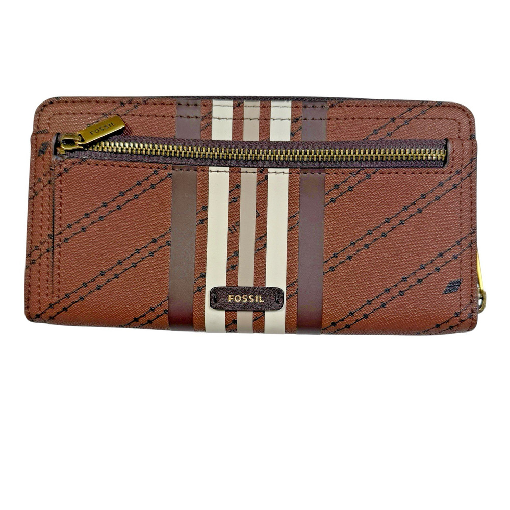 Fossil Logan RFID Stripe Zip Around Wallet Full Size Brown Black Logo Neutral